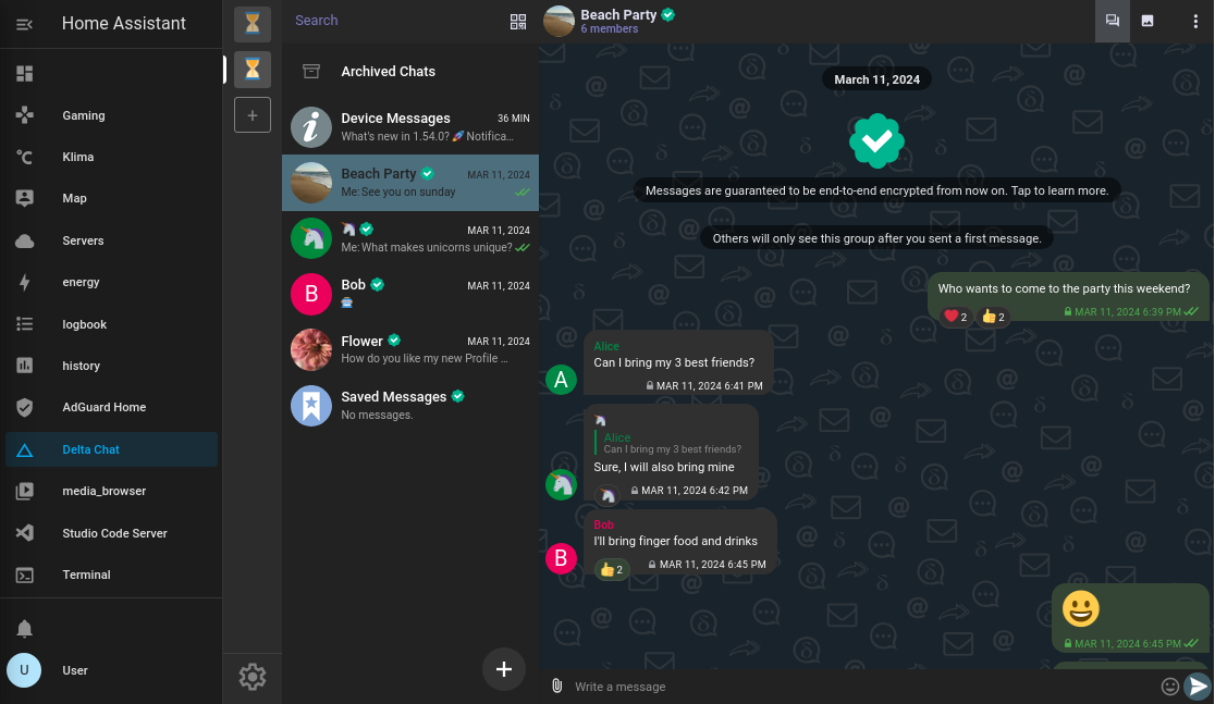Delta Chat Web inside of Home Assistant