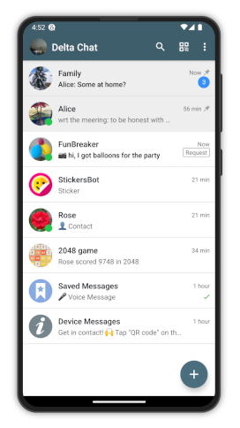 Screenshot aplikace Delta Chat na systému Android zobrazující seznam chatů